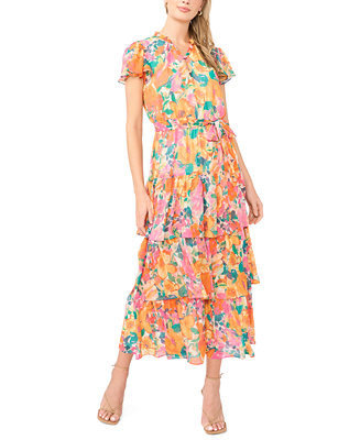 Women's Tiered Floral Flutter-Sleeve Maxi Dress | Macy's