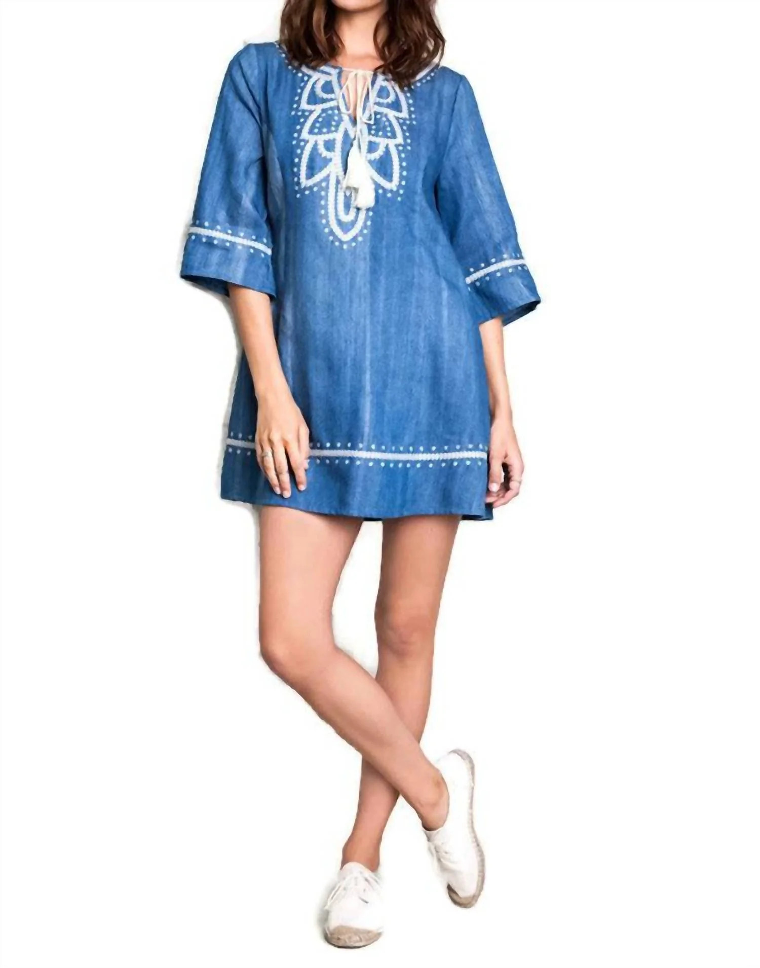 Embroidered Denim Dress In Blue | Shop Simon
