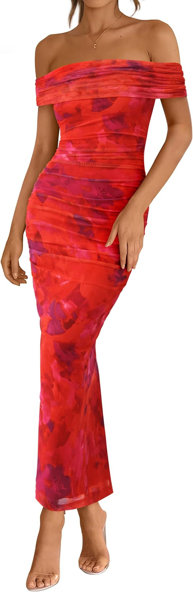 BTFBM Off Shoulder Bodycon Dresses for Women 2025 Summer Ruched Split Mesh Cocktail Party Club Fl... | Amazon (US)