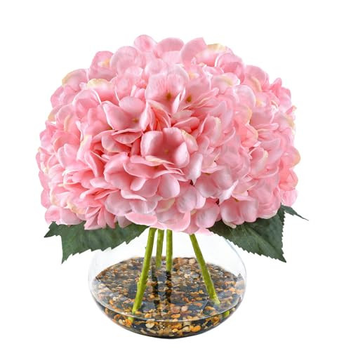 N&T NIETING Artificial Hydrangea Flowers with Vase Pink Silk Fake Flowers Faux Hydrangea Flowers with Faux Water Riverstones for Home Office Table Wedding Centerpiece Mother's Day Decorations | Amazon (US)