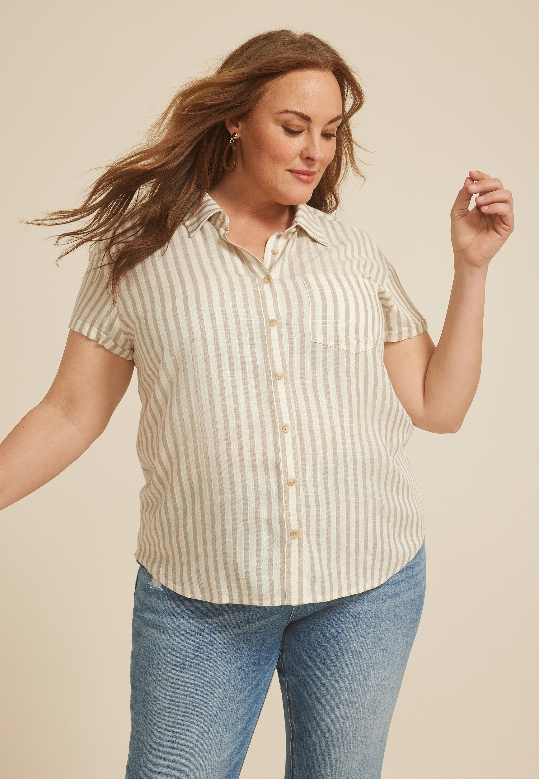 Maurices Plus Size Women's Striped Button Down Shirt Brown Size 4X | Maurices