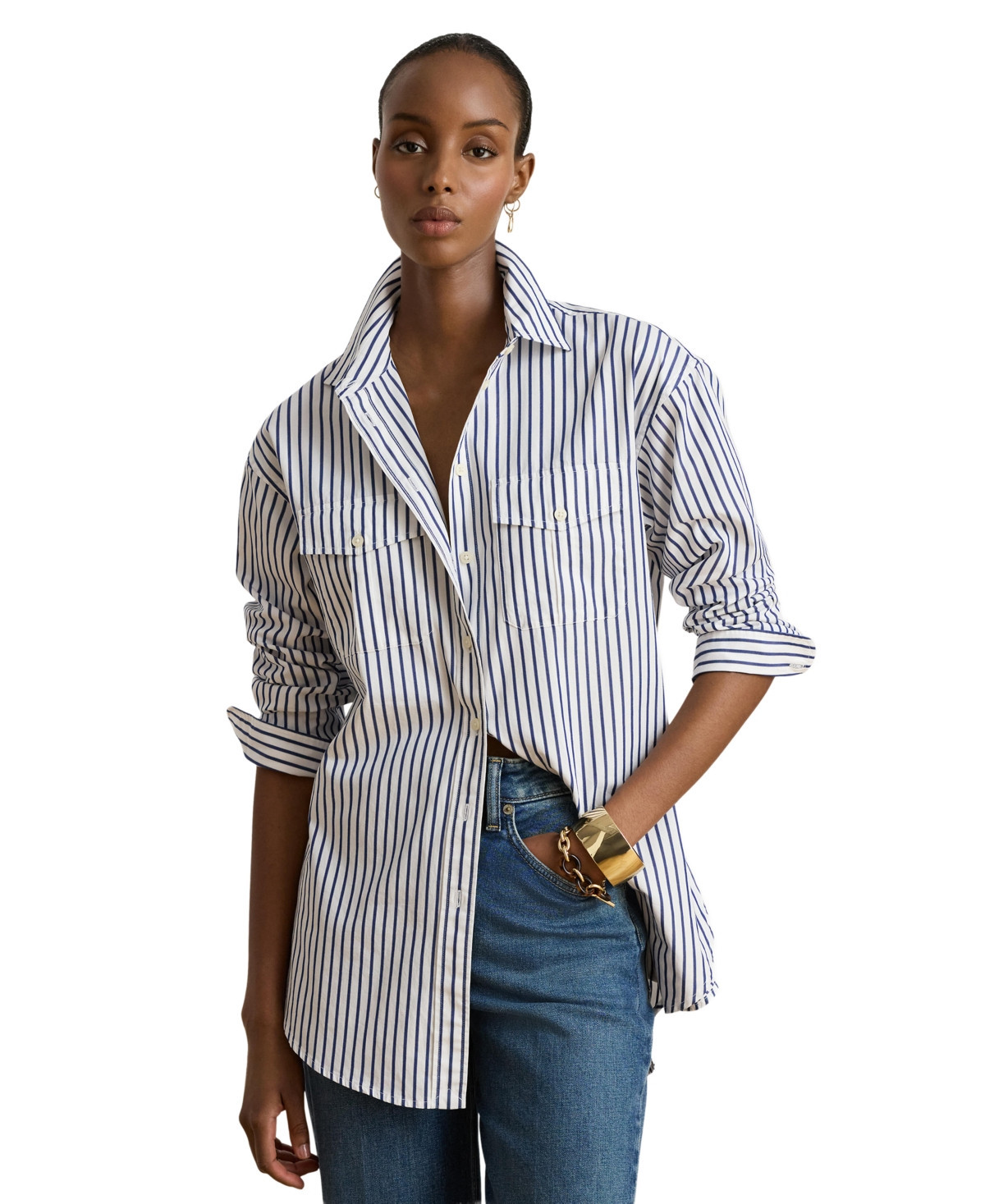 Lauren Ralph Lauren Women's Striped Collared Shirt - Blue/White | Macy's