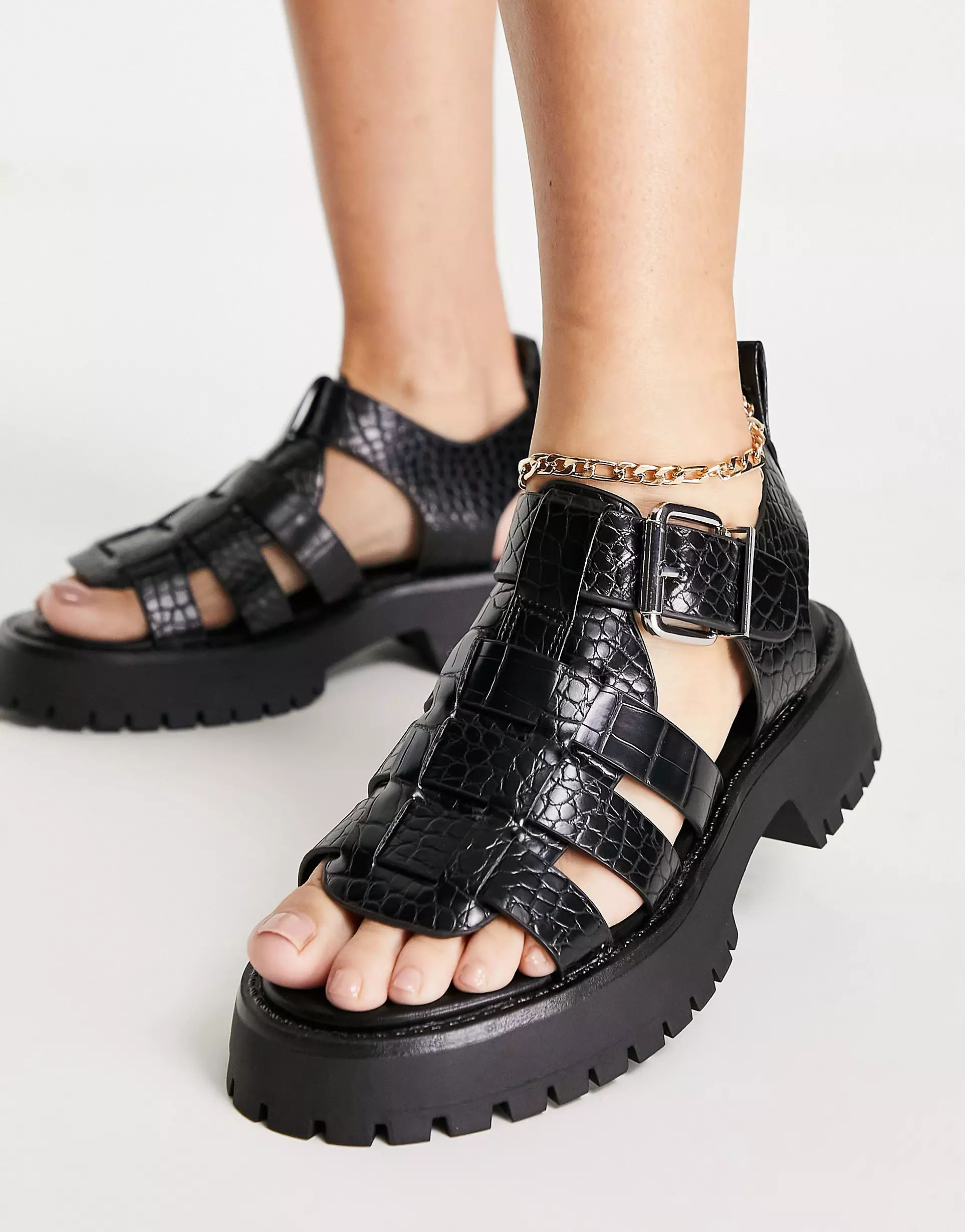 ASOS DESIGN Funfair chunky fisherman flat sandals in black croc | ASOS (Global)