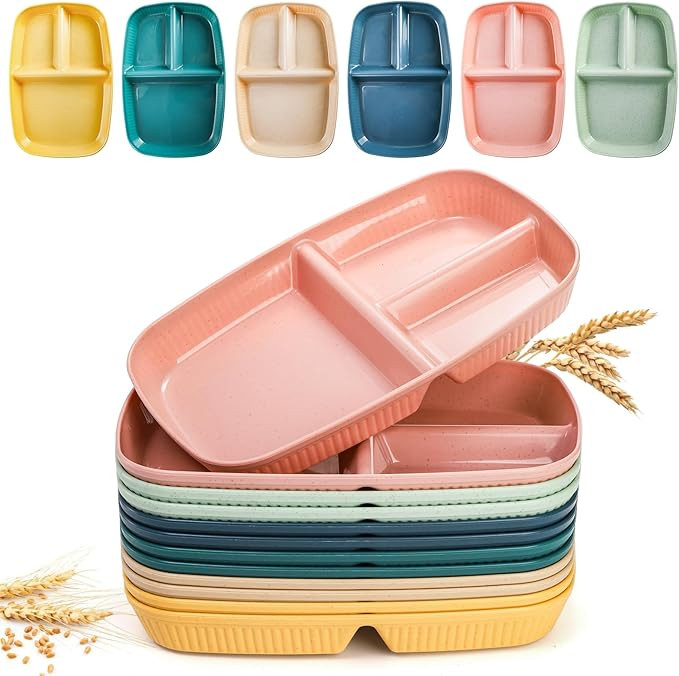 12 Pack Divided Plates, 10.5 Inch Reusable Wheat Straw Dinner Plates for Party, 3 Compartment Sec... | Amazon (US)