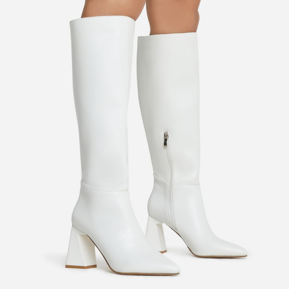 Chatterbox Pointed Toe Sculptured Block Heel Knee High Long Boot In White Faux Leather | EGO (UK)