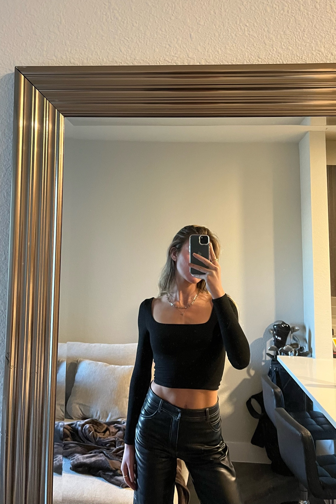 clean girl outfit, all black outfit, spring style, spring outfit, clean girl aesthetic, leather trousers, black top, long sleeve top, fashion accessories

#LTKstyletip #LTKU #LTKfindsunder100