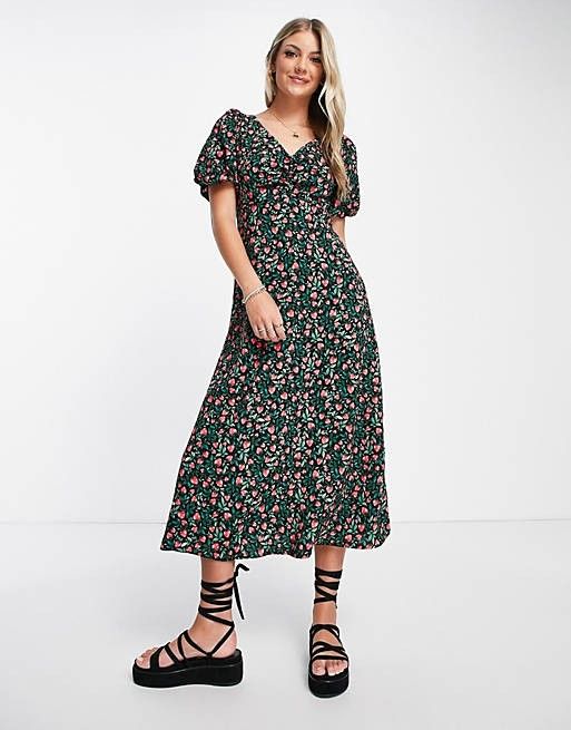 New Look ruched bust puff sleeve midi dress in black strawberry print | ASOS (Global)