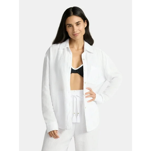 Time and Tru Women's and Women's Plus Cotton Button Up Coverup Shirt, Sizes XS-3X | Walmart (US)