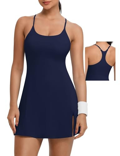 TQD Tennis Athletic Dress for Women U Neck Golf Dress with Built in Shorts and Bra Racerback Straps Side Slit Workout Active Dresses Navy S | Amazon (US)