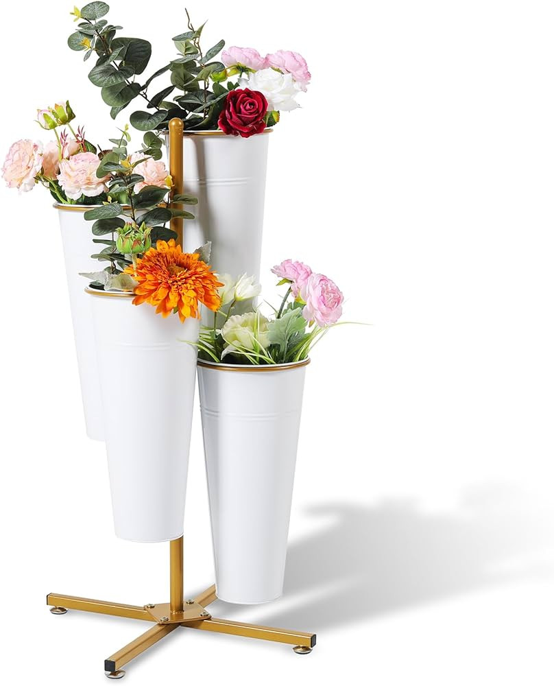 Flower Bar Stand with 4 Metal Buckets, 4 Tier Flower Display Stand, Rotatable Flower Cart Iron Pl... | Amazon (US)