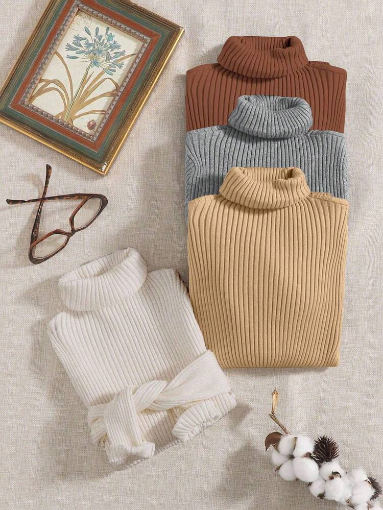 Franclia 4pcs Women's Solid Color Minimalist Turtleneck Long Sleeve Pullover Sweaters | SHEIN