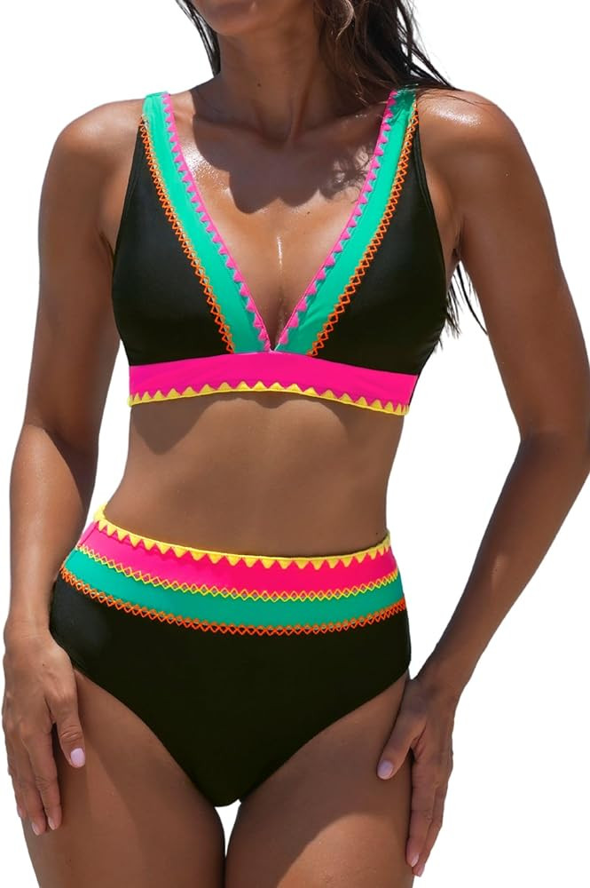 popvil High Waisted Bikini Sets for Women Two Piece Bathing Suits Neon Swimwear V Neck Full Cover... | Amazon (US)