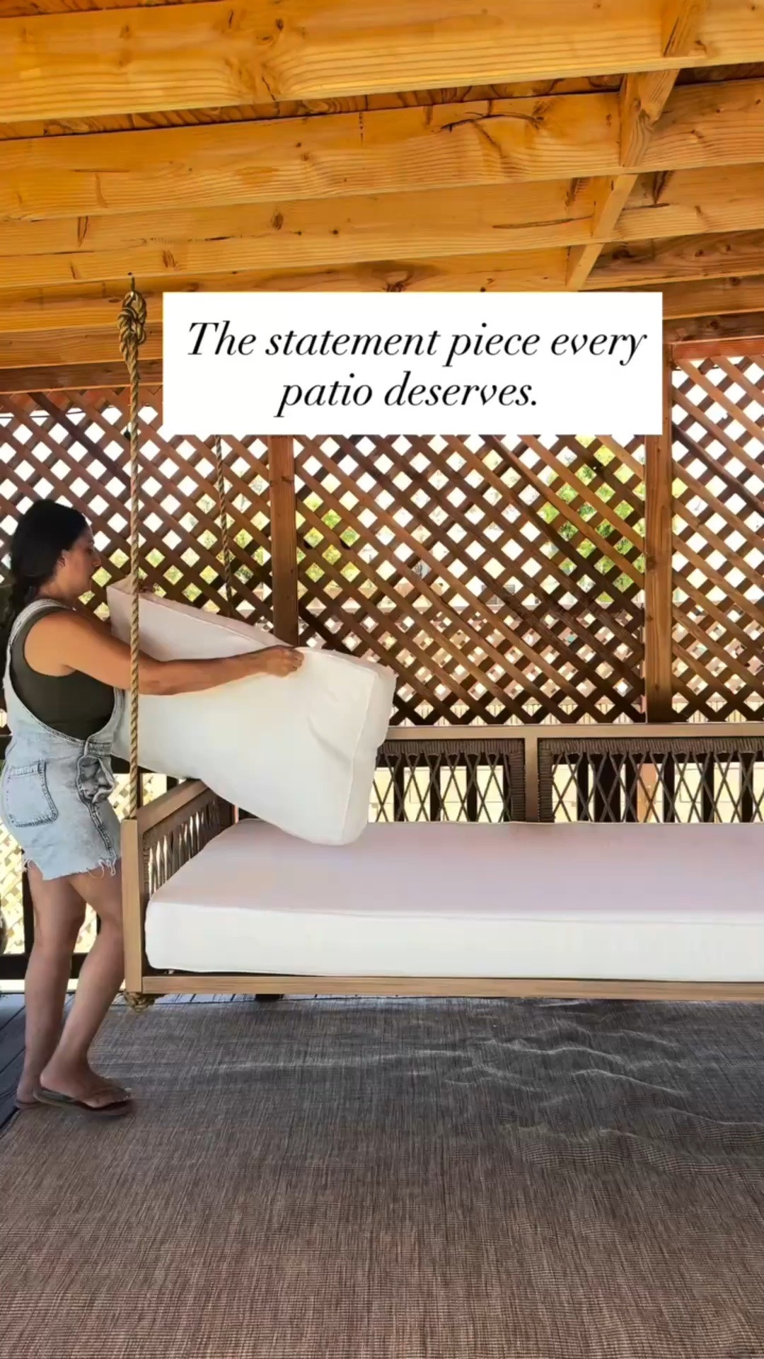 The easiest way to cozy up a patio. We added this beautiful swing from @porchswingcompany to my mom’s patio and it instantly gave her extra seating and the perfect spot to relax. A few cozy touches and the space feels completely different. #porchswing #patiodecor #patioinspo 
(Gifted)

COMMENT: SWING to get the link sent to your inbox.
