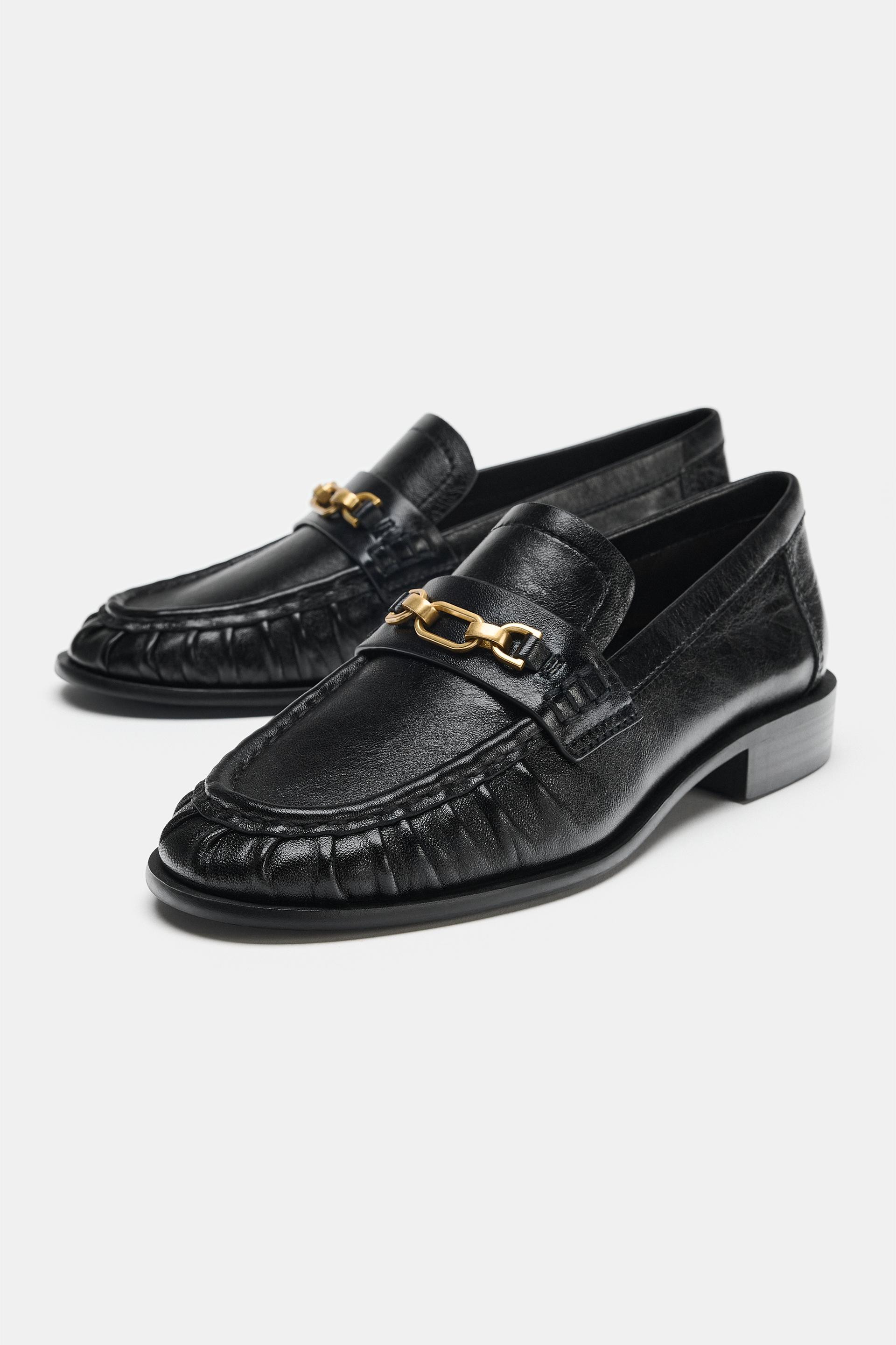 Zara - Leather Loafers With Metal Ornament - Black - 9 - Woman | Zara US