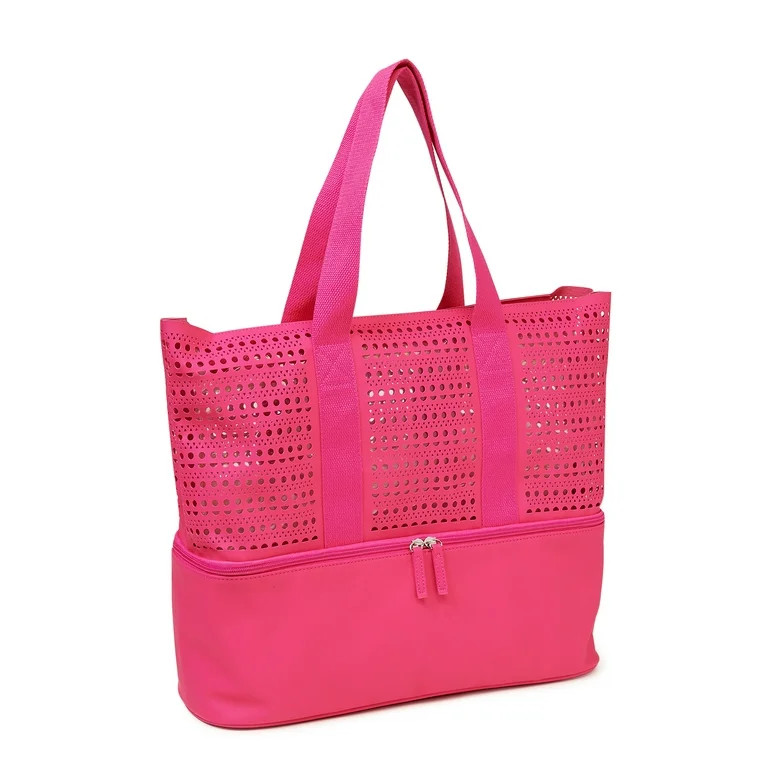 No Boundaries Women’s Beach Bag with Zip Bottom Cooler Fuchsia Sizzle Perforated - Walmart.com | Walmart (US)