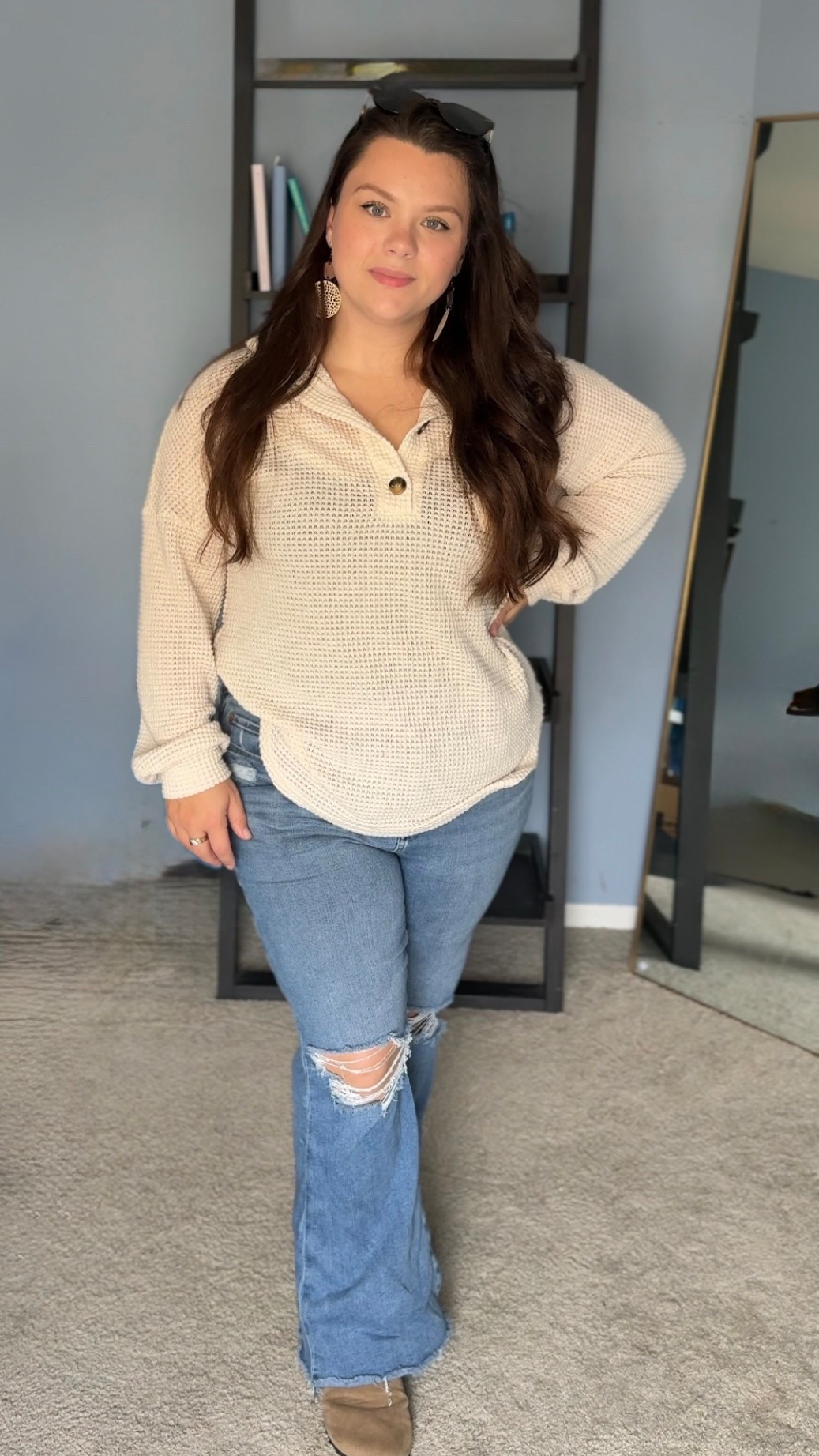 Basic everyday fall fashion, American eagle flared jeans (12short) with Amazon waffle knit long-sleeved sweater (size Large)  how would you style this shirt? 🧡

#LTKCyberWeek 

#LTKmomlife #LTKgrwm