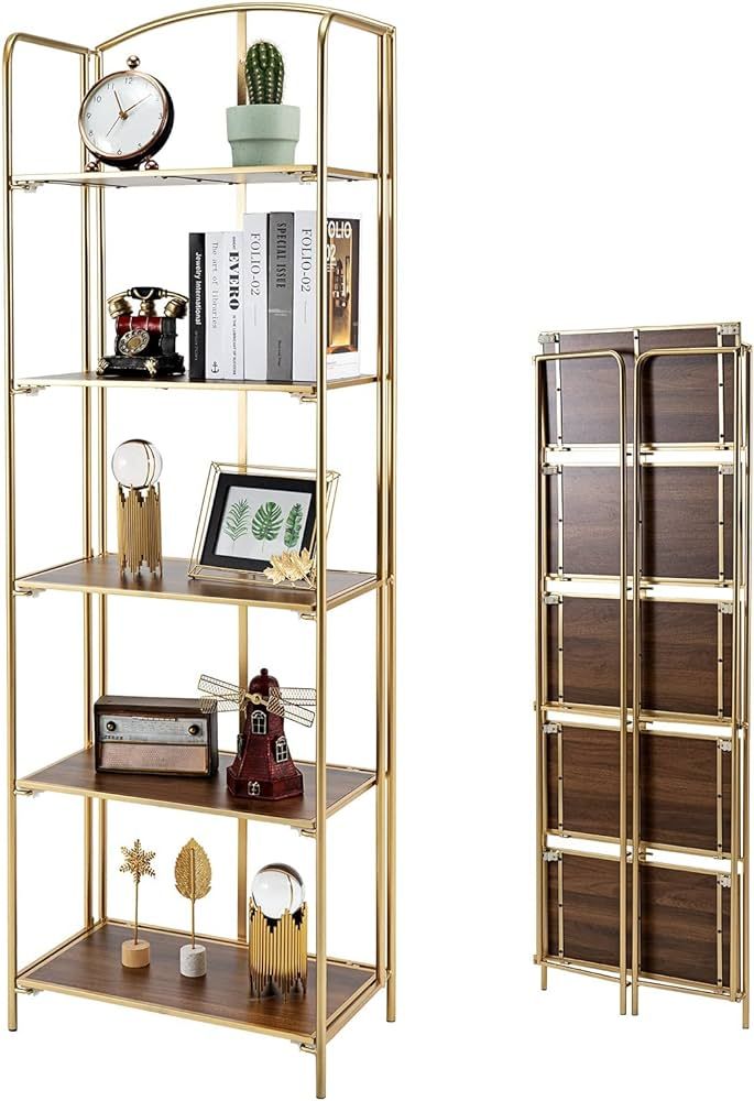 Crofy No Assembly Folding Bookshelf, 5 Tier Gold Bookshelf, Metal Book Shelf for Storage, Folding... | Amazon (US)