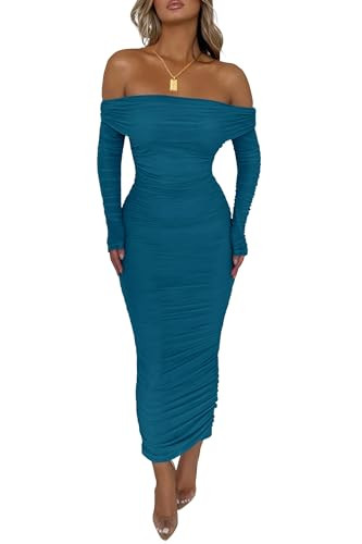 PRETTYGARDEN Women's Fall Off Shoulder Maxi Bodycon Dress Long Sleeve Ruched Fitted Club Dresses with Slit (Lake Blue,Small) | Amazon (US)