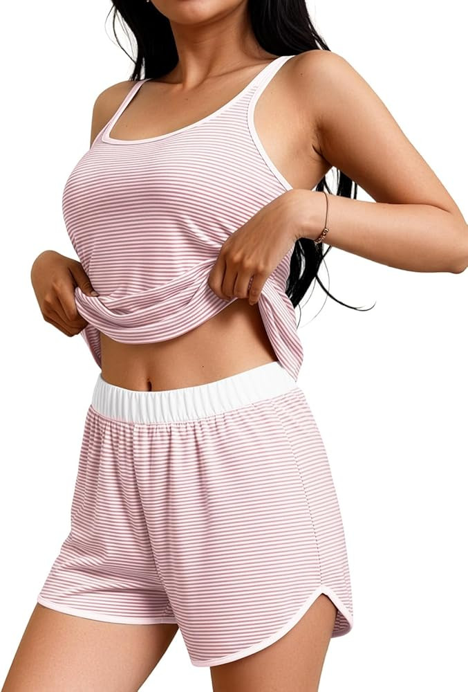 JUSTFASHIONNOW Womens Striped Tank Top Pajama Set 2 Piece Summer Cami and Shorts Pjs Set Comfy Sl... | Amazon (US)