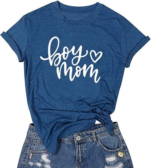 LUBERLIN Boy Mom Tee Shirt for Women Short Sleeve Letter Printed Graphic Mom Gifts Tee Shirts | Amazon (US)