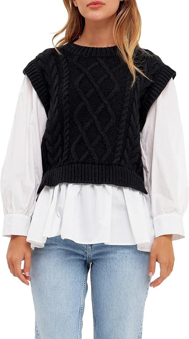 English Factory Women's Mixed Media Cable Detail Sweater | Amazon (US)