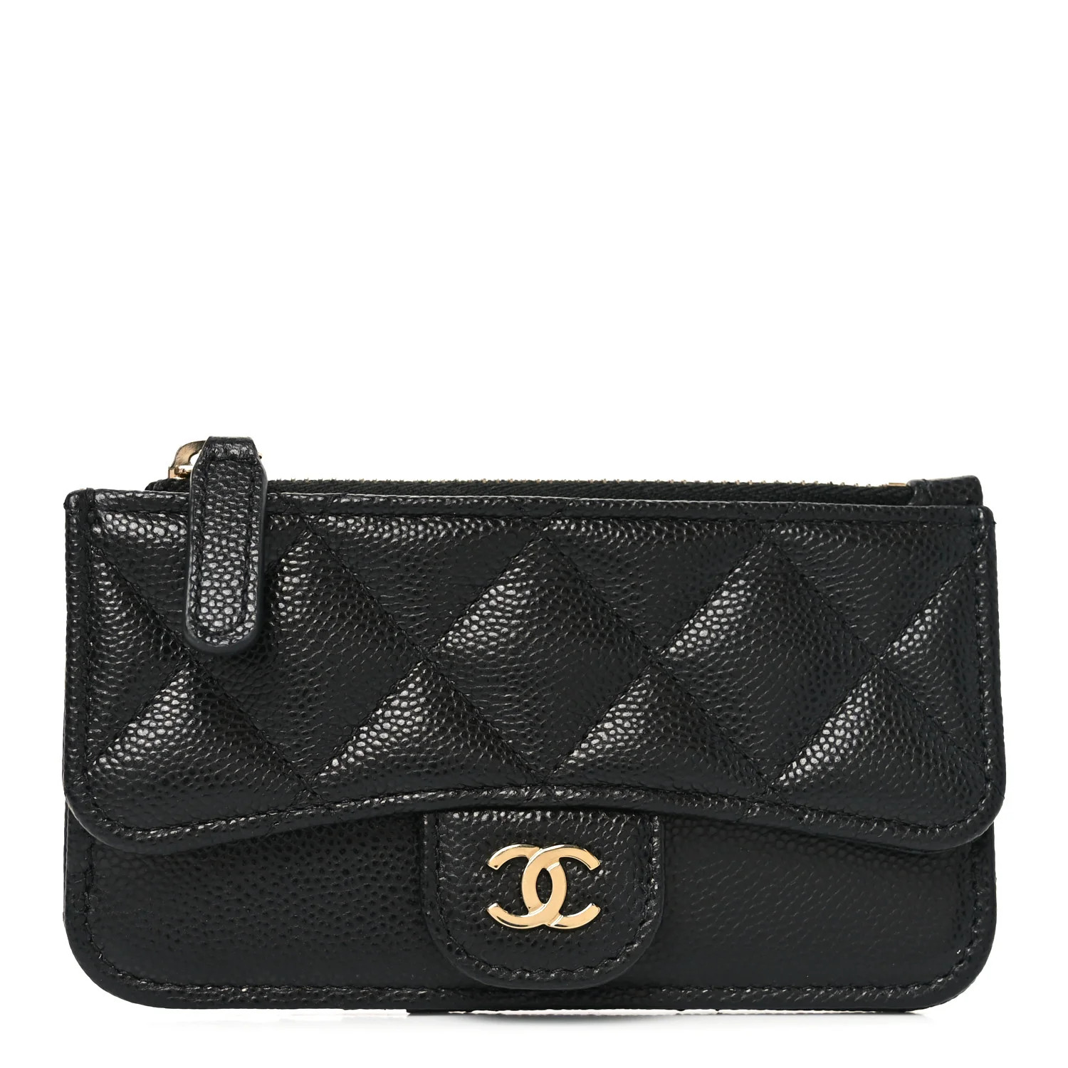 Caviar Quilted Flap Zip Card Holder Black | FASHIONPHILE (US)