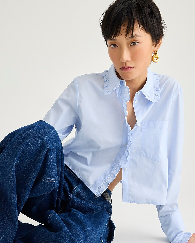 Ruffle-trim button-up shirt in cotton poplin | J. Crew US