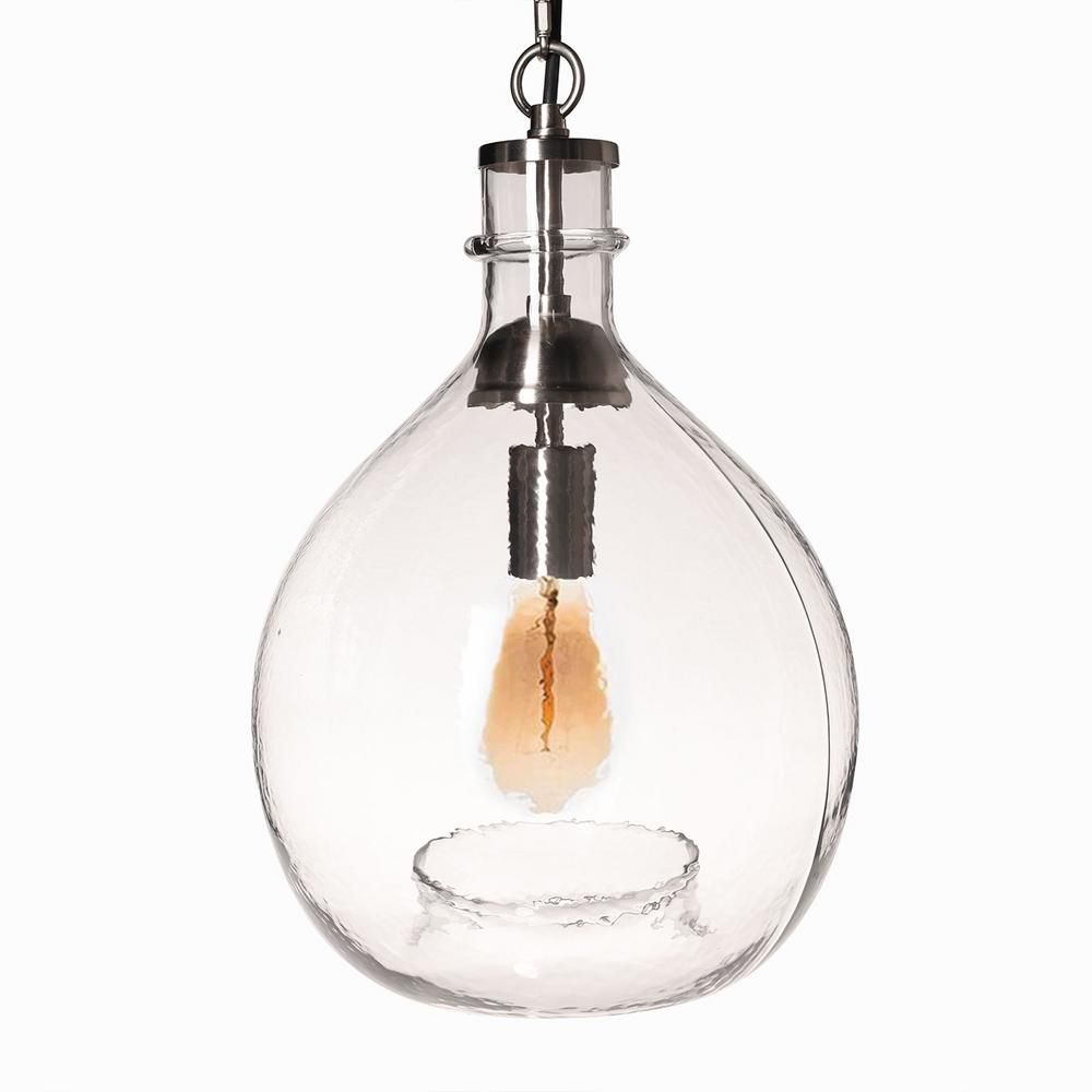 Casamotion 17 in. H and 11 in. W 1-Light Silver Wavy Hammered Hand Blown Glass Pendant with Clear... | The Home Depot