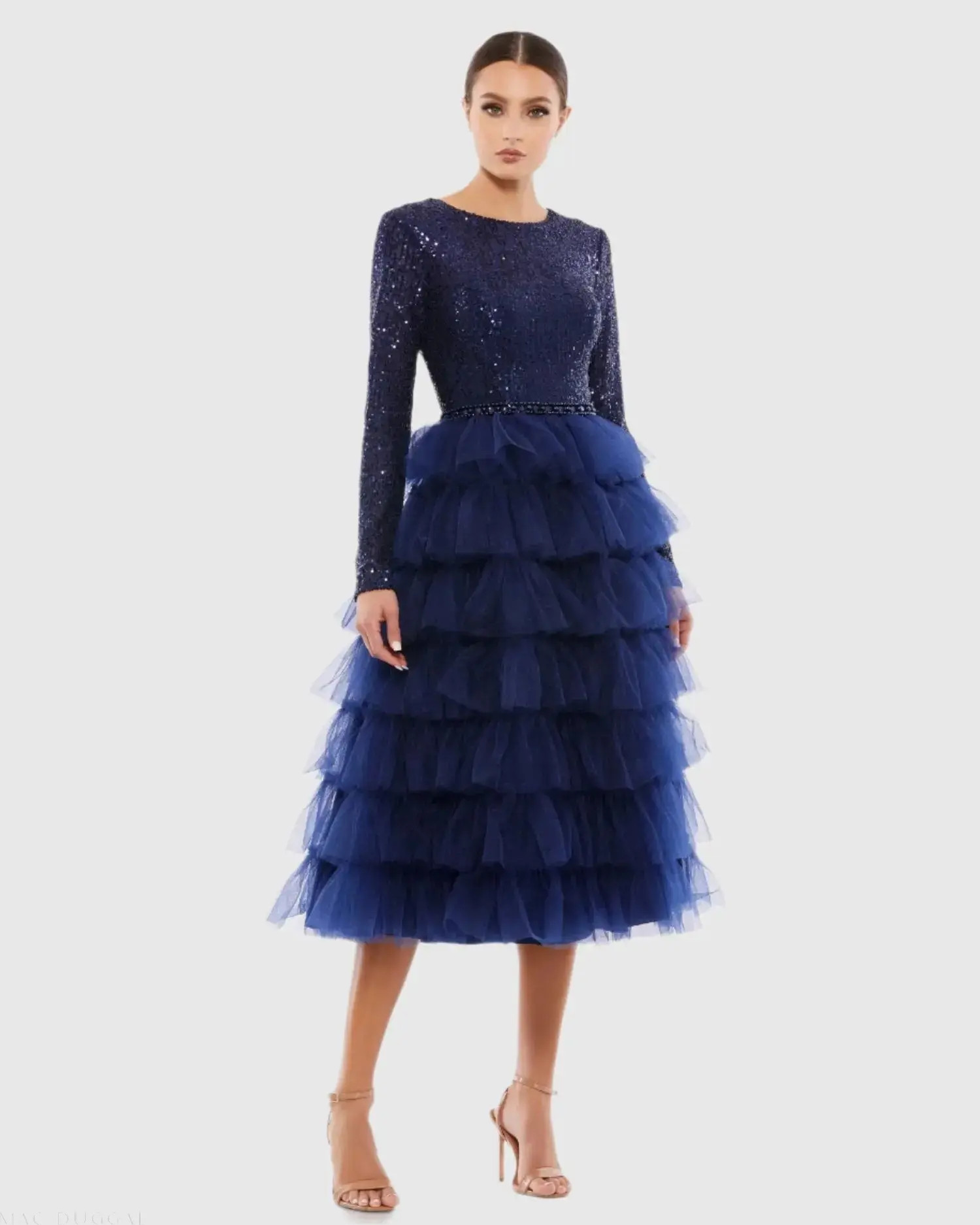 Navy Long Sleeve Ruffle Tiered Midi Dress - Mac Duggal | Mac Duggal