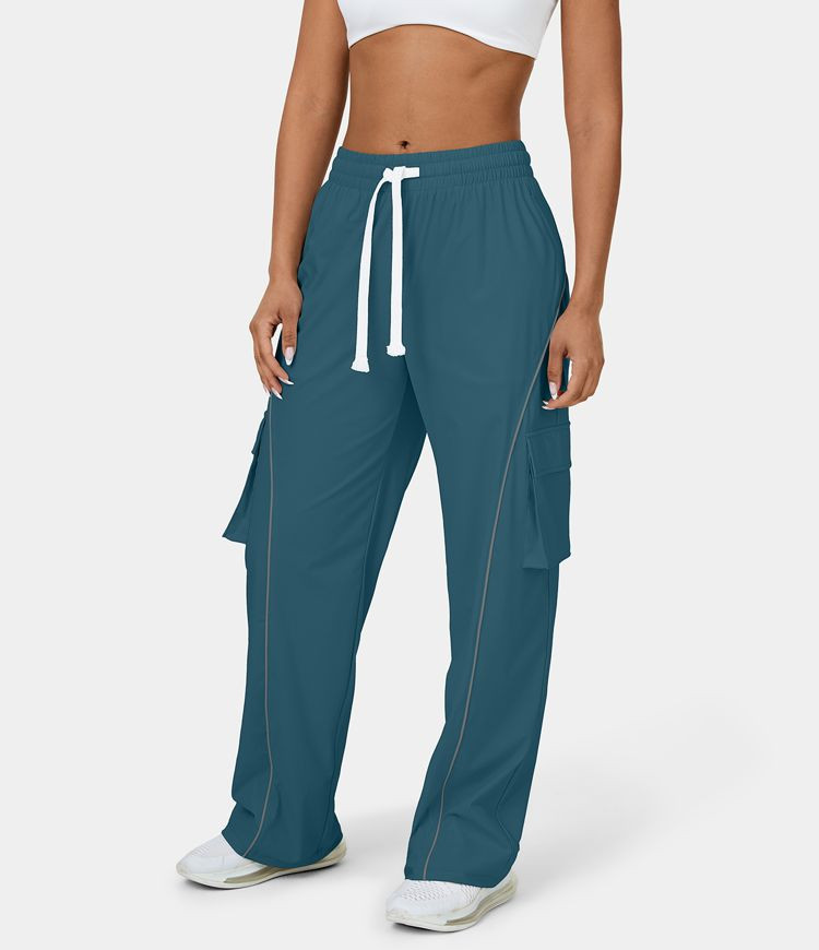 Women’s Reflective Low Rise Drawstring Multiple Pockets Wide Leg Contrast Trim Casual Cargo Pan... | HALARA