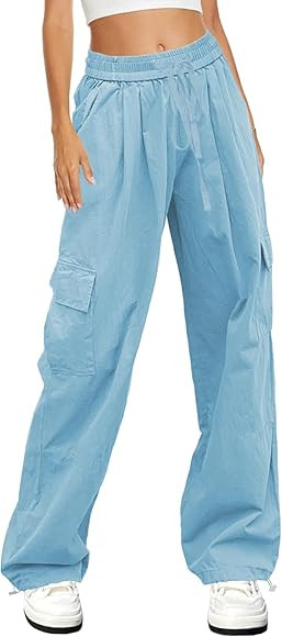 HVEPUO Womens High Waist Cargo Pants Y2K Wide Leg Cotton Baggy Hiking Pants Lightweight Elastic W... | Amazon (US)