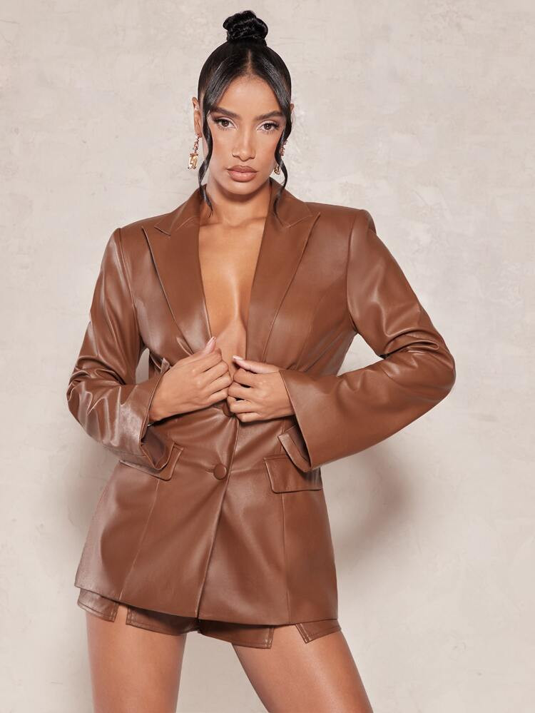 SHEIN BAE Blazers Coleira de lapela Detalhe da aba Couro do Plutônio | SHEIN