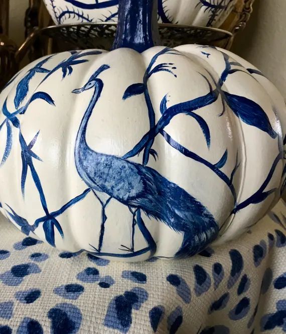 Chinoiserie Floral Bird Design Painted Blue & White Fall Decorative Pumpkin 9" Squatty Ready To Ship | Etsy (US)