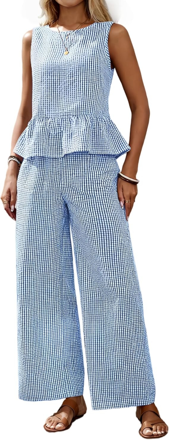 Women's Gingham 2 Piece Set Summer Sleeveless Tank Top Wide Leg Pants Set Beach Vacation Plaid Tw... | Amazon (US)