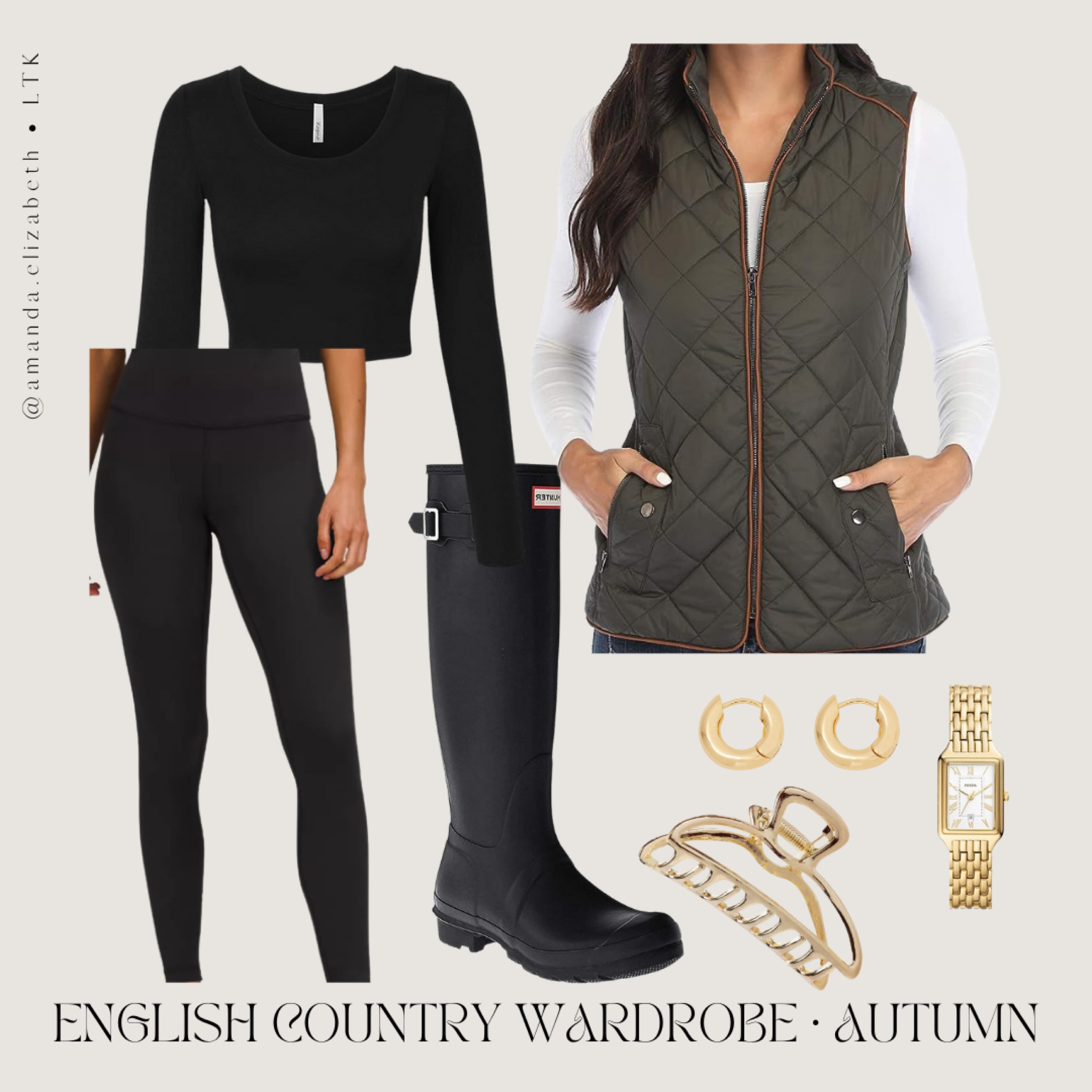 english country wardrobe • autumn 
- black long sleeve 
- black leggings 
- quilted vest 
- tall black waterproof boots 
- earrings 
- watch 
- claw clip 

#LTKstyletip #LTKSeasonal #LTKeurope