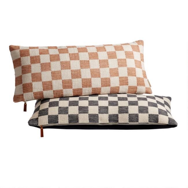 Extra Wide Ivory Checkered Lumbar Pillow | World Market