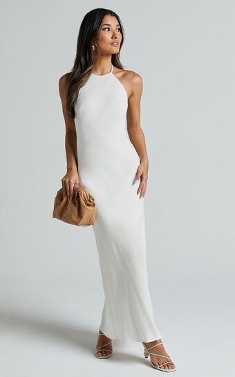 Cyrena Maxi Dress - Linen Look Halter Neck Sleeveless Slip Dress in Off White | Showpo (US, UK & Europe)