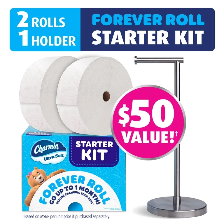 Charmin Ultra Soft Toilet Paper, Forever Roll Starter Kit, 1 Holder, 2 Rolls, 2-Ply Bath Tissue | Walmart (US)