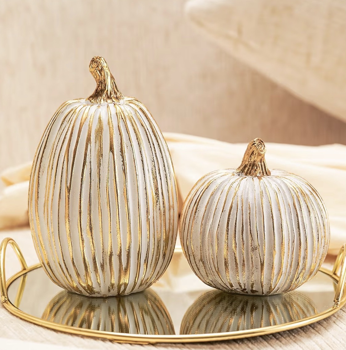 DN DECONATION White and Gold Fall Pumpkin Decorations Thanksgiving Table Centerpieces, 2 Pcs Artificial Luxury Resin Pumpkins Figurines for Decorating, Autumn Harvest Fall Home Decor Shelf Mantel

#LTKHome #LTKSeasonal