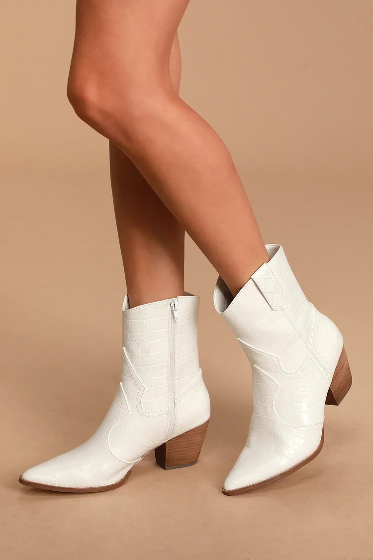 Bambi White Crocodile Embossed Mid-Calf Boots | Lulus (US)