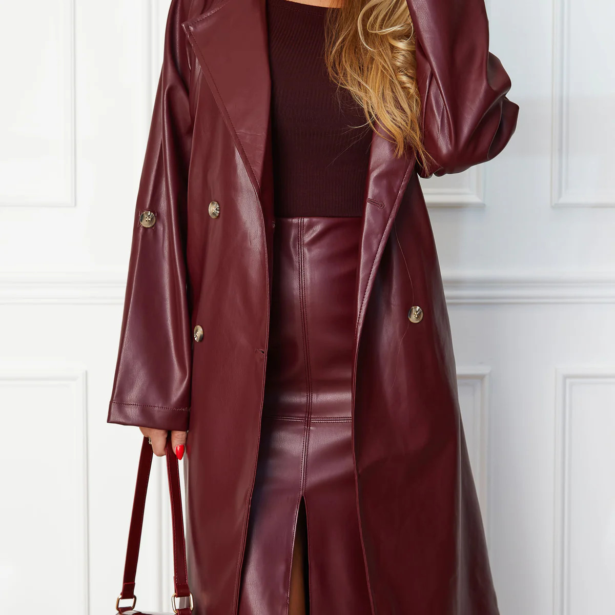 Elsa Wine Vegan Leather Trench Coat | Shop Priceless