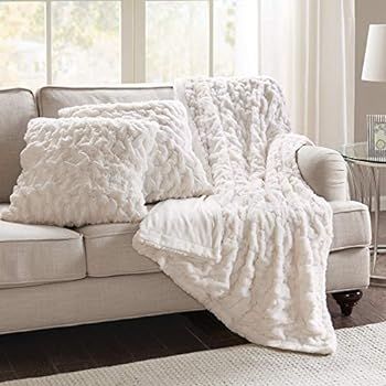 Comfort Spaces Ruched Faux Fur Plush 3 Piece Throw Blanket Set Ultra Soft Fluffy with 2 Square Pi... | Amazon (US)