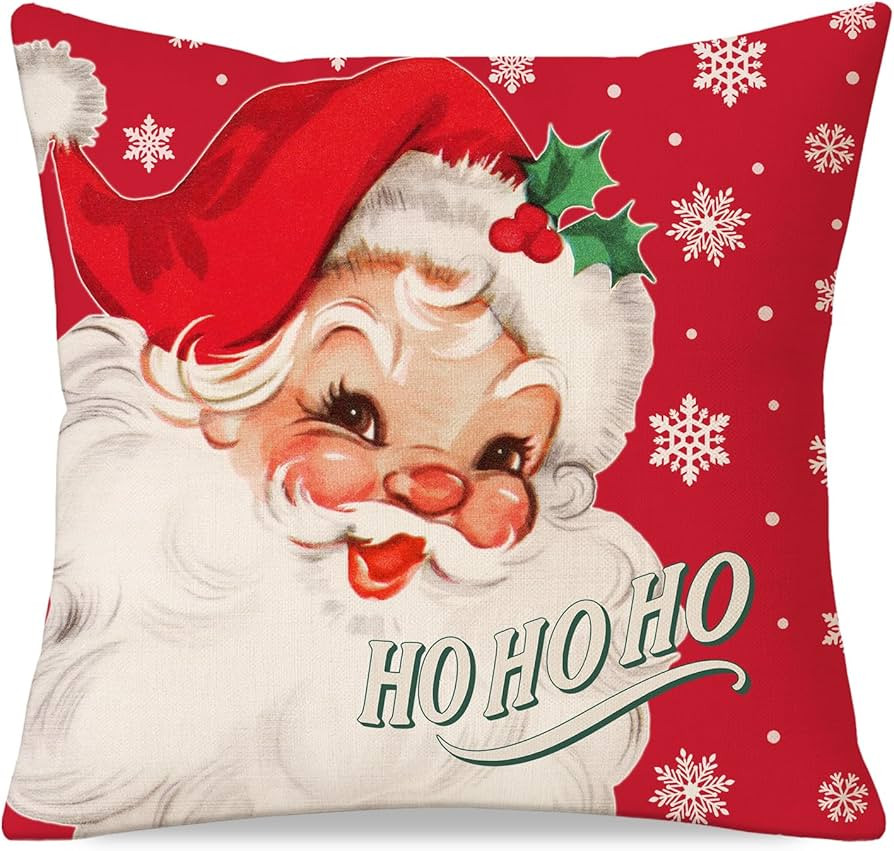 Christmas Throw Pillow Cover 18x18 Inch, Vintage Santa Claus Snowflake Red Decorative Cushion Cas... | Amazon (US)