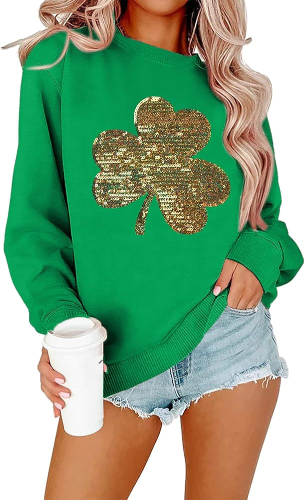FAYALEQ St Patrick's Day Sweatshirt Women Shamrock Sequin Pullover Clover Hoodie Holiday Long Sle... | Amazon (US)