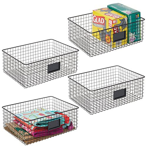 mDesign Wide Steel Wired Storage Organizer Bin Baskets with Label Slot for Kitchen Pantry, Cabinet, Organizing Holder for Food, Drinks, Snacks, Produce, Omaha Collection, 4 Pack, Matte Black | Amazon (US)
