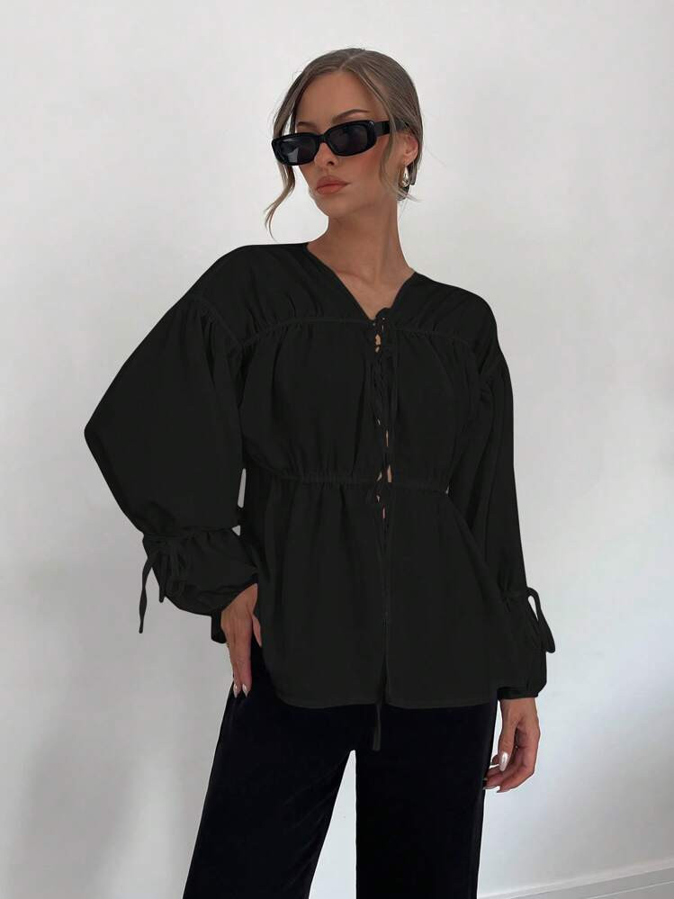 Siren Gaze Women's New Pleated Detail V-Neck Tie-Front Long Sleeve Blouse, Black Shirt | SHEIN