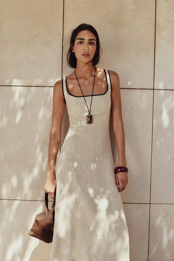 CONTRAST LINEN BLEND MIDI DRESS | Zara US