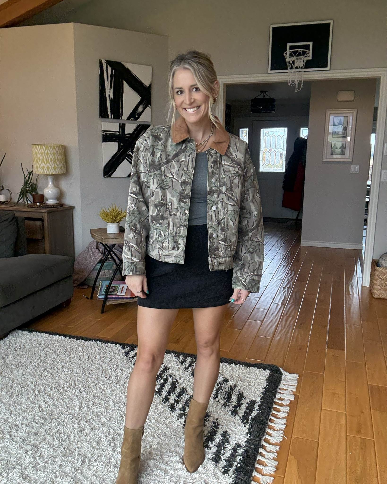 Fun fall outfit! #skirt #barnjacket #boots 
Skirt and shirt are a small, jacket is a medium! Size up in the boots😚
5’6 | 130lbs 

#LTKHoliday #LTKStyleTip