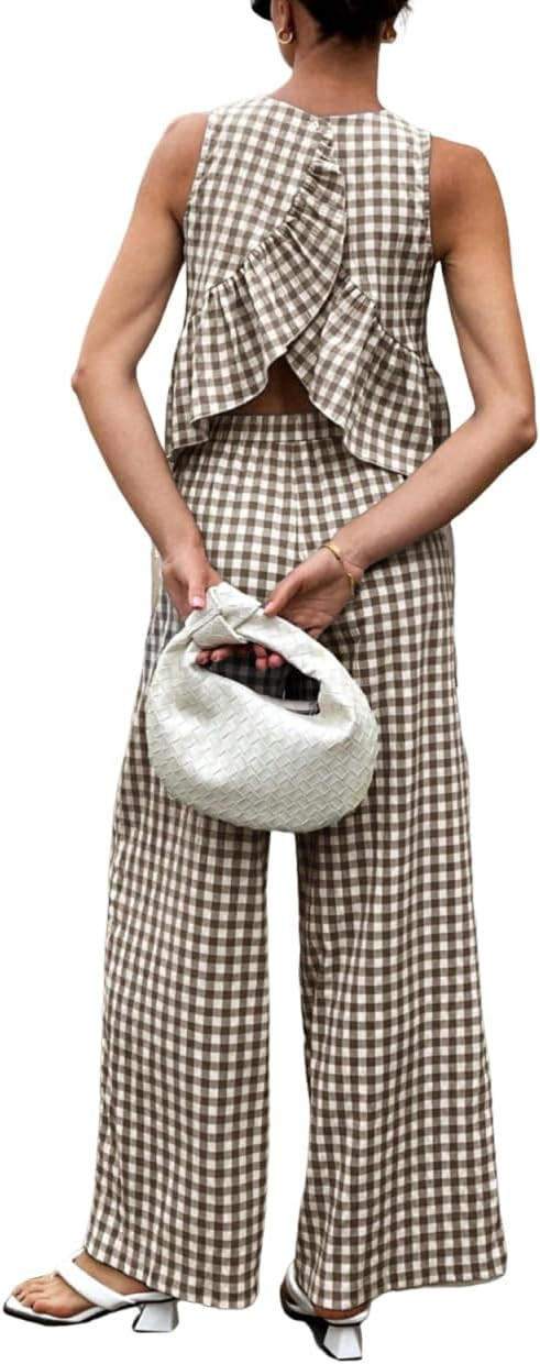 Women's 2 Piece Gingham Set Summer Outfits Ruffle Tank Top and Wide Leg Pants Matching Lounge Set | Amazon (US)