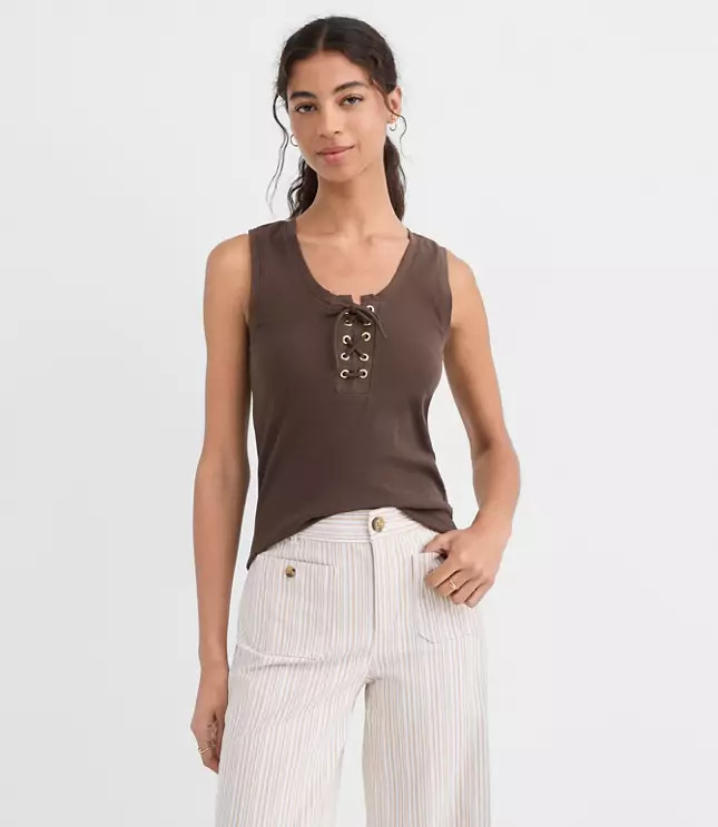 Lace Up Perfect Ribbed Scoop Neck Tank Top | LOFT